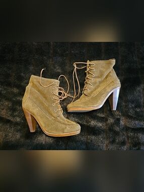 Michael Kors Olive Suede Lace-Up Block Heel Ankle Boots